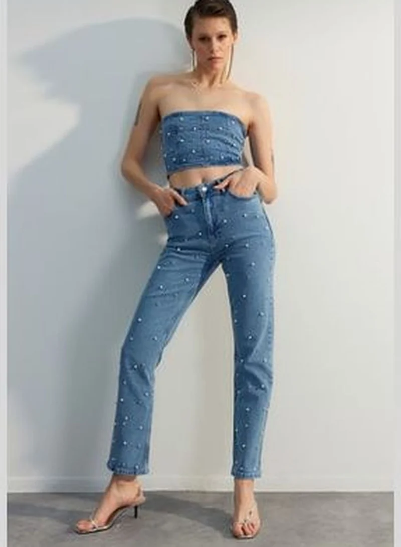 trendyol Limited Edition Blue Pearls High Waist Straight Jeans TWOSS23JE00217