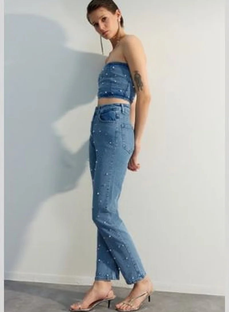 trendyol Limited Edition Blue Pearls High Waist Straight Jeans TWOSS23JE00217