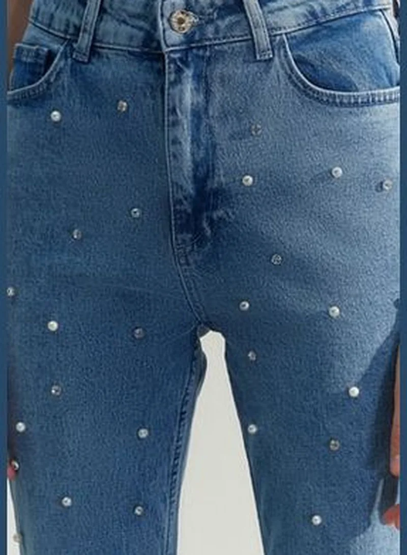 trendyol Limited Edition Blue Pearls High Waist Straight Jeans TWOSS23JE00217