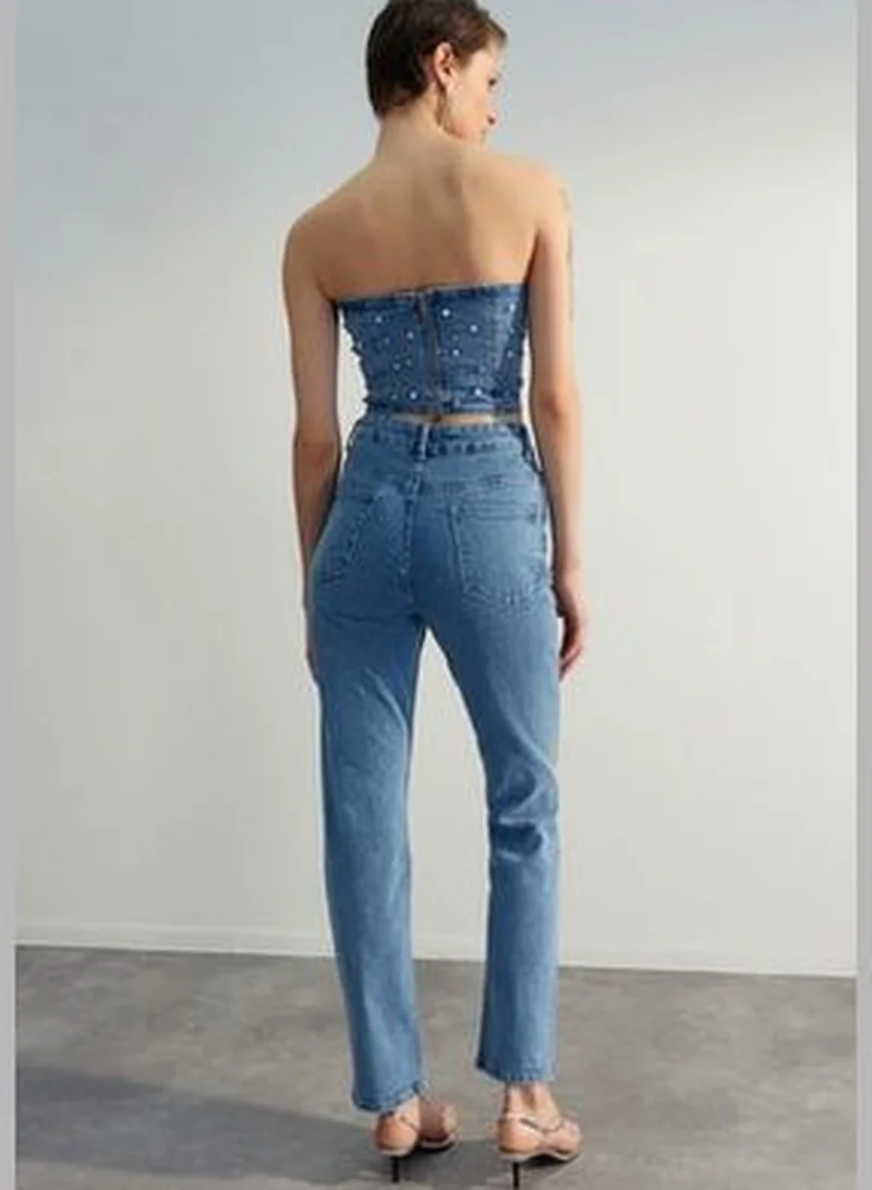 trendyol Limited Edition Blue Pearls High Waist Straight Jeans TWOSS23JE00217
