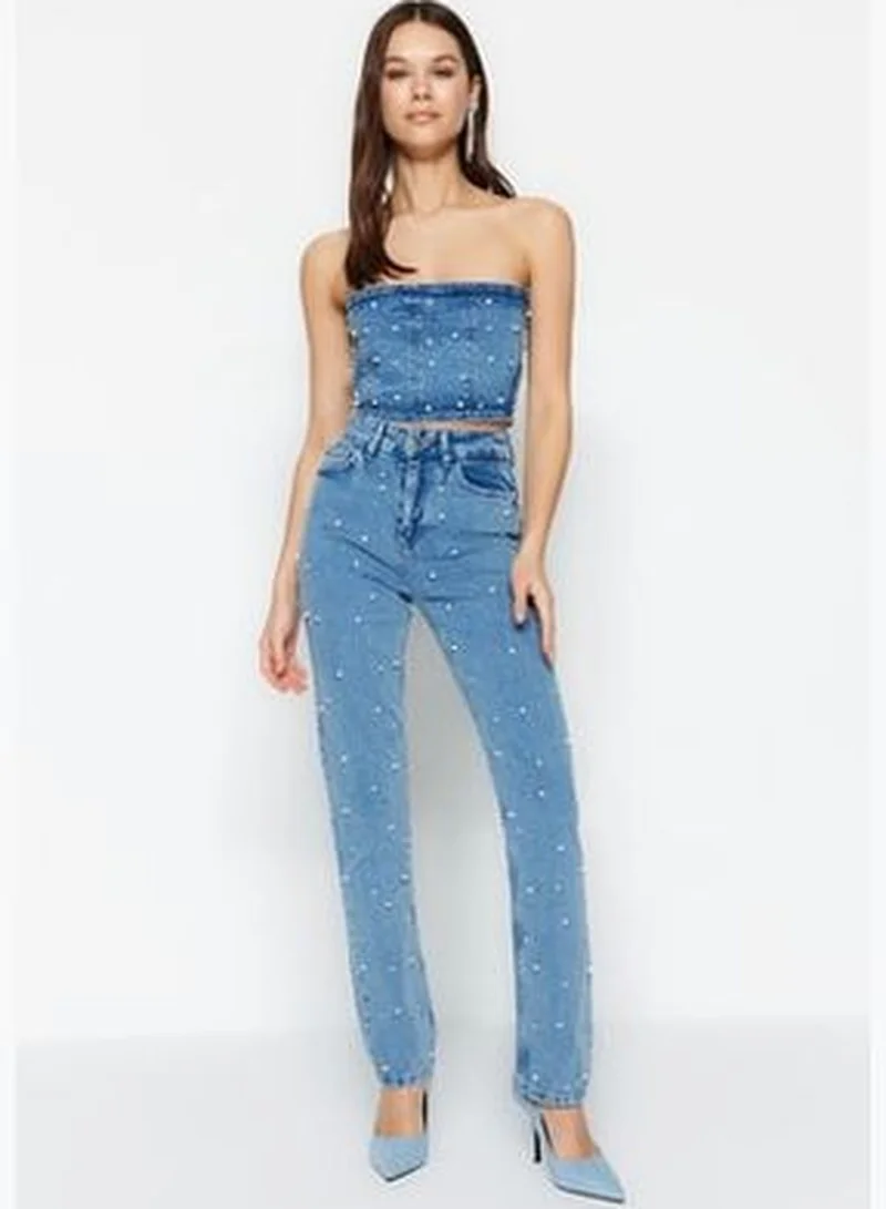 trendyol Limited Edition Blue Pearls High Waist Straight Jeans TWOSS23JE00217