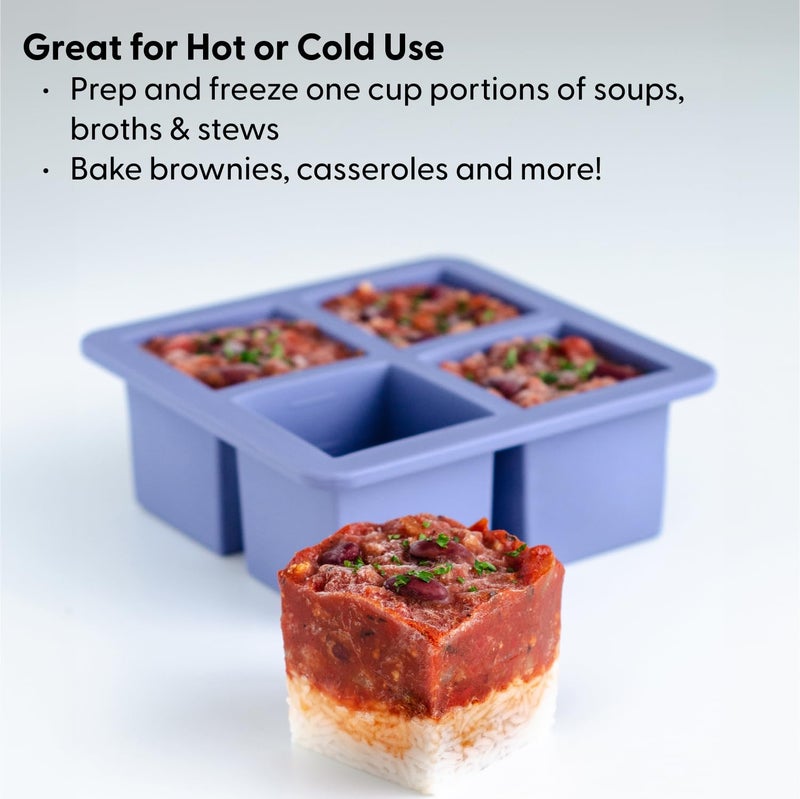 WP W&P Cup Cubes Silicone Freezer Tray with Lid, Blue, Makes 4 Perfect 1-Cup Portions, Freeze & Store Soup, Broth, Sauce, Leftovers, Dishwasher Safe, 4-Cup - Image 2