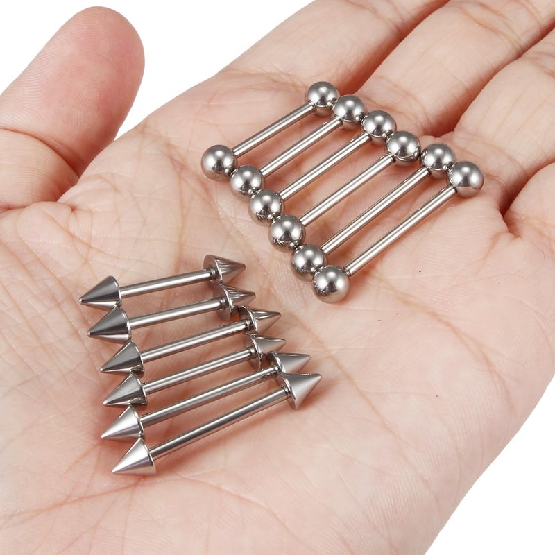 Ocptiy 14G Nipple Piercing Jewelry Tongue Ring for Women Men 14 Gauge Surgical Stainless Steel Silver Straight Tongue Nipple Barbells Bar Spike Nipple Tongue Bridge Piercing Jewelry 14mm 16mm 19mm - Image 5