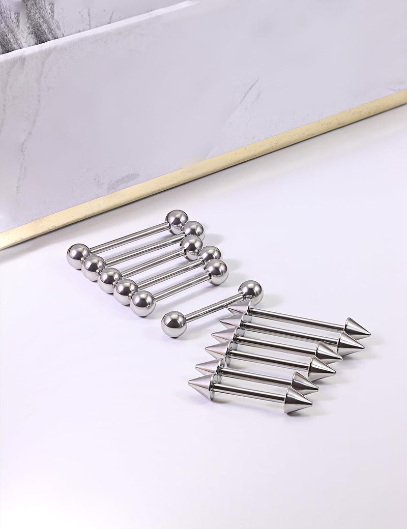 Ocptiy 14G Nipple Piercing Jewelry Tongue Ring for Women Men 14 Gauge Surgical Stainless Steel Silver Straight Tongue Nipple Barbells Bar Spike Nipple Tongue Bridge Piercing Jewelry 14mm 16mm 19mm - Image 3