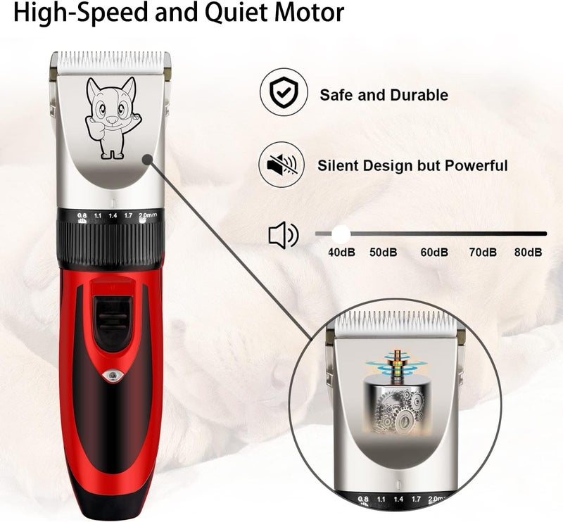Highdas Dog Grooming Kit Clippers, Low Noise, Electric Quiet, Rechargeable, Cordless, Pet Hair Thick Coats Clippers Trimmers Set, Suitable for Dogs, Cats, and Other Pets(Red) - Image 4