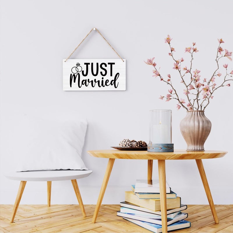 BELLOWDEER Rustic Wedding Sign Just Married, Engagement Wedding Photo Props Sign, Weddings Decor Stuff Engagement Party Decorations 12x6 Inches (White) - Image 4