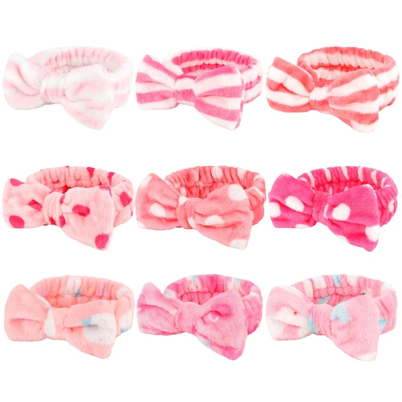 WHAVEL 9 Pack Pink Microfiber Hairband for Washing Face Makeup Headband Skincare Headbands with Cute Bow Fluffy Face Wash Headband for Women