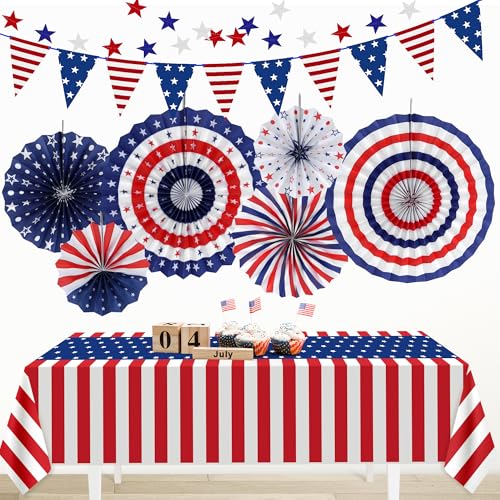 HOOSUN Patriotic 4th of July Decorations Set9 Pcs Red White and Blue Paper FansUSA Pennant BuntingStar StreamersPatriotic Tablecloth for Fourth of July Party SuppliesMemorial Day Decor - Image 1