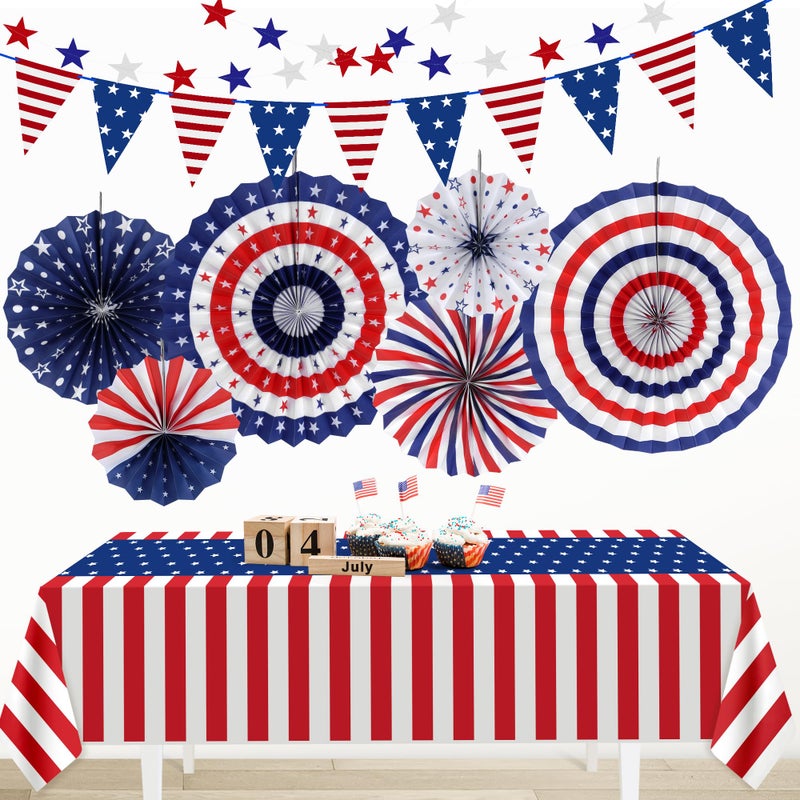 HOOSUN Patriotic 4th of July Decorations Set9 Pcs Red White and Blue Paper FansUSA Pennant BuntingStar StreamersPatriotic Tablecloth for Fourth of July Party SuppliesMemorial Day Decor - Image 2