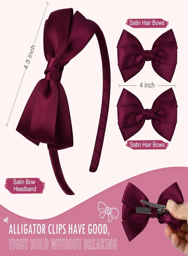 DEEKA Burgundy Bow Headband & 2 Pcs Satin 4 Inch Hair Bows Set Uniform Hair Accessories Hair Band for Little Toddler School Girls -Burgundy - Image 2