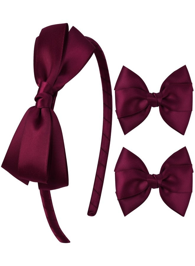 DEEKA Burgundy Bow Headband & 2 Pcs Satin 4 Inch Hair Bows Set Uniform Hair Accessories Hair Band for Little Toddler School Girls -Burgundy - Image 1