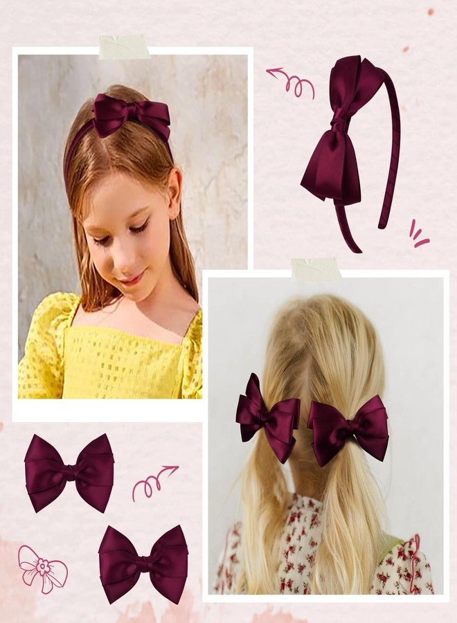 DEEKA Burgundy Bow Headband & 2 Pcs Satin 4 Inch Hair Bows Set Uniform Hair Accessories Hair Band for Little Toddler School Girls -Burgundy - Image 3