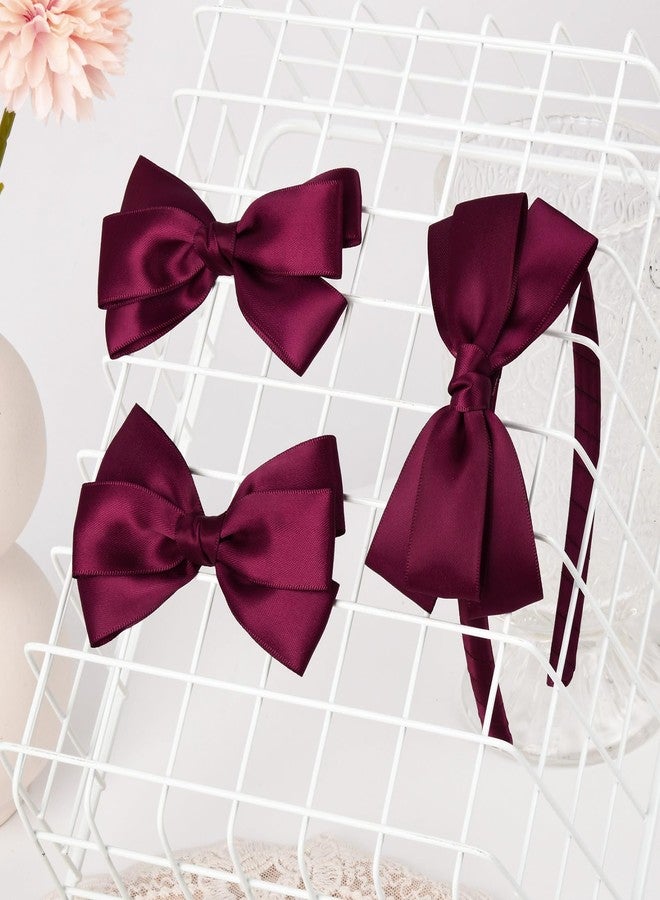 DEEKA Burgundy Bow Headband & 2 Pcs Satin 4 Inch Hair Bows Set Uniform Hair Accessories Hair Band for Little Toddler School Girls -Burgundy - Image 4