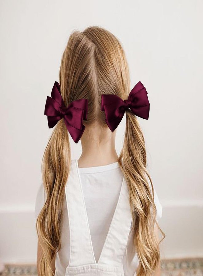 DEEKA Burgundy Bow Headband & 2 Pcs Satin 4 Inch Hair Bows Set Uniform Hair Accessories Hair Band for Little Toddler School Girls -Burgundy - Image 5