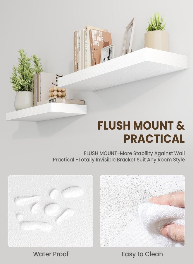Marsmiles 30" Floating Shelves for Wall, Wooden Shelves with Invisible Brackets Set of 2, Rustic Farmhouse Wall Mounted Shelf for Kitchen Bathroom Living Room Study, White - Image 3