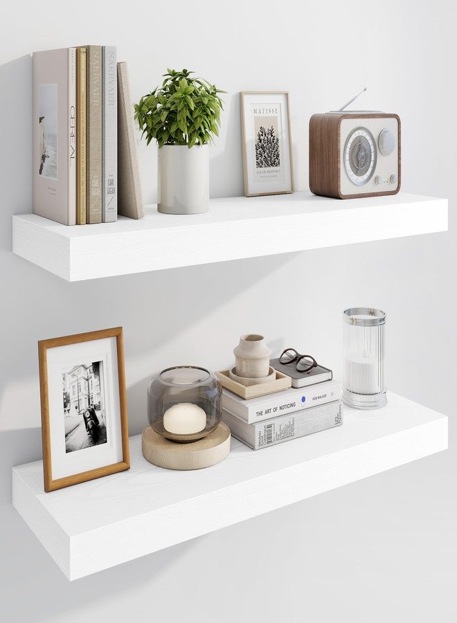 Marsmiles 30" Floating Shelves for Wall, Wooden Shelves with Invisible Brackets Set of 2, Rustic Farmhouse Wall Mounted Shelf for Kitchen Bathroom Living Room Study, White - Image 1