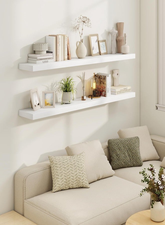 Marsmiles 30" Floating Shelves for Wall, Wooden Shelves with Invisible Brackets Set of 2, Rustic Farmhouse Wall Mounted Shelf for Kitchen Bathroom Living Room Study, White - Image 2