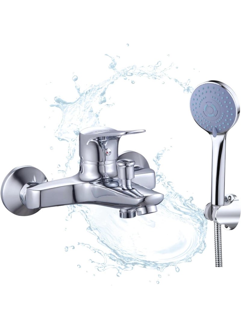 خلاط دش مثبت على الحائط مع دش يدوي، صنبور مطلي بالكروم، تحكم في الماء الساخن والبارد - Image 1