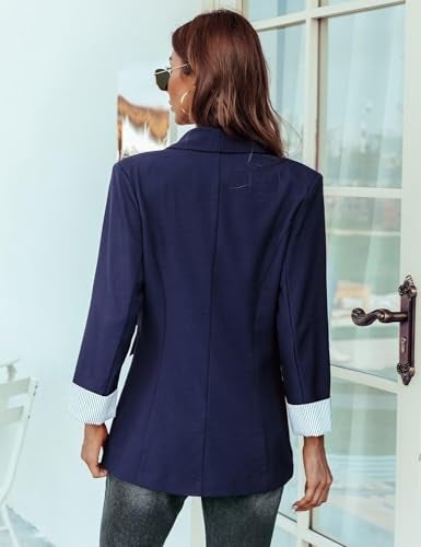 Genhoo Womens Long Sleeve Lightweight Office Work Suit Jacket Boyfriend Blazer Navy Blue M - Image 4