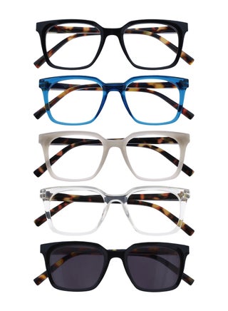 KOI Reading Glasses with Reading Sunglasses, Mixed Pack,Scratch Resistant Large Rectangular frame with spring Hinges, Black, Blue, Grey, Clear, Black +3.5 (Pack of 5)