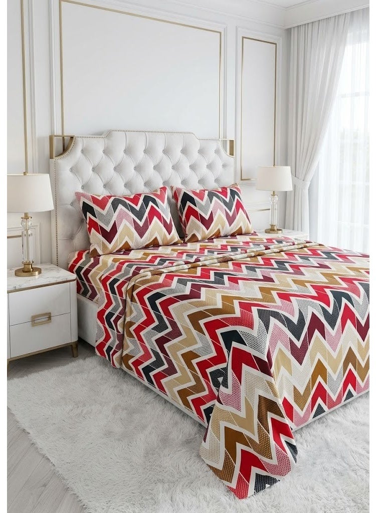 Ever Home Modern Multicolored Zig-Zag Chevron Flat Bed Sheet Set - 125 GSM Soft Pattern Fabric, Includes 2 Matching Pillowcases - Image 1