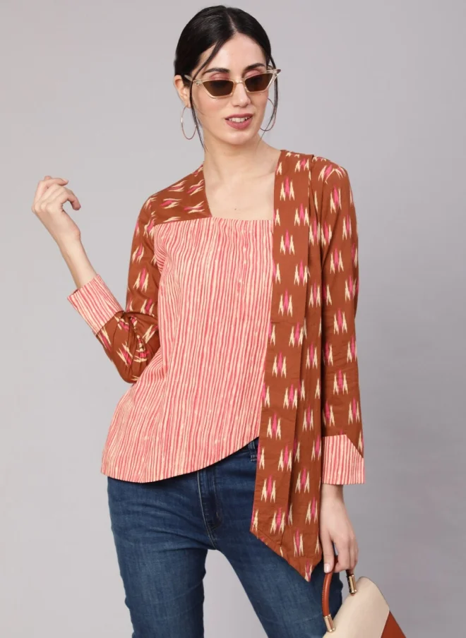 AKS Brown Ethnic Motifs Printed Cotton Top for Women