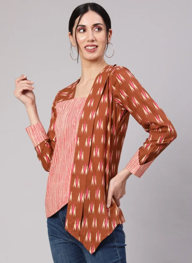 AKS Brown Ethnic Motifs Printed Cotton Top for Women