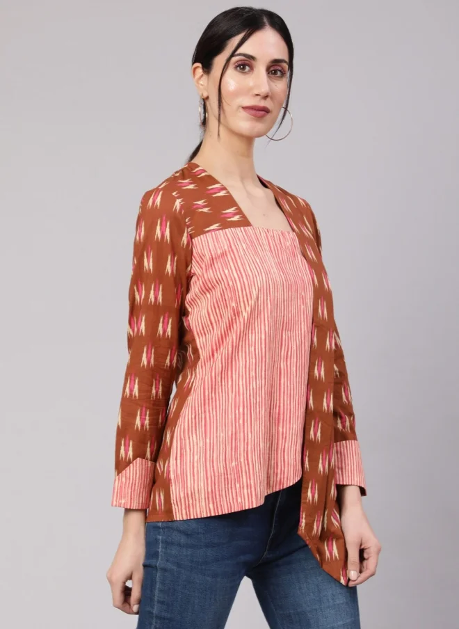 AKS Brown Ethnic Motifs Printed Cotton Top for Women
