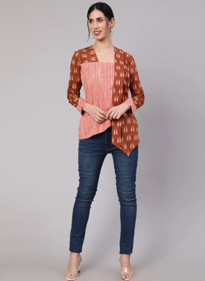 AKS Brown Ethnic Motifs Printed Cotton Top for Women