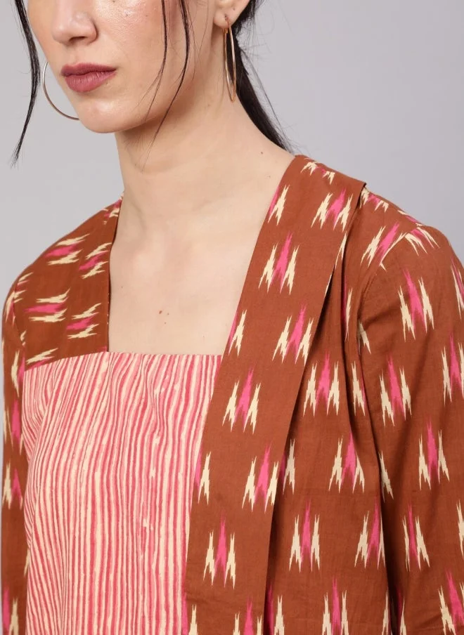 أيه كيه إس بلوزة قطنية مطبوعة بنقوش عرقية للنساء باللون البني