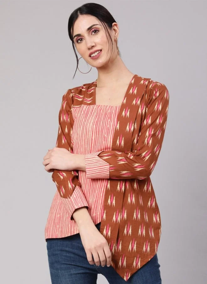 أيه كيه إس بلوزة قطنية مطبوعة بنقوش عرقية للنساء باللون البني