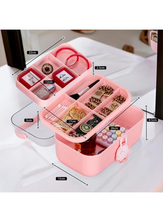 جيكرينا صندوق مستحضرات التجميل، صندوق ستروج، صناديق مكياج مناسبة للسفر، حقيبة مستحضرات تجميل، عبوات مستحضرات تجميل، صندوق تخزين بمقبض منظم للإكسسوارات، صندوق تخزين مكياج [وردي] - Image 2