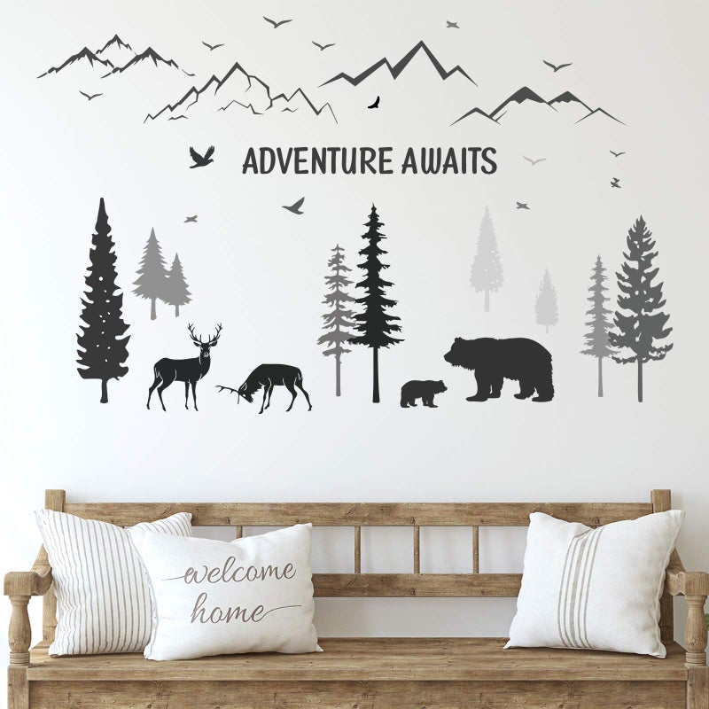 Tenare 3 Sheets Nursery Wall Decals Dreamy Forest with Pine Tree Animal Deer and Mountain Decals Inspirational Quote Wall Stickers DIY Wall Decals for Kids Room Living Room Bedroom Simple Style