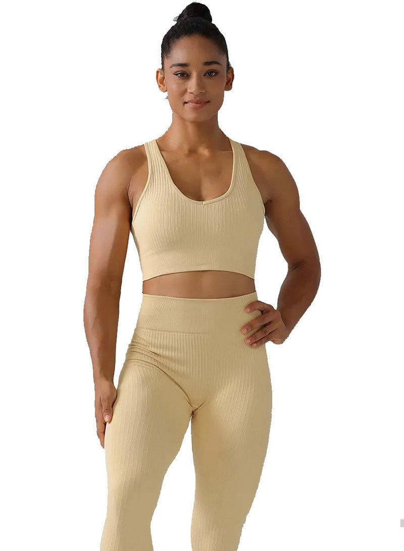 Caprisious Women's High Energy Workout Seamless V-Neck Crop Top Sports Bra Thick Wide Seamless Ribbed Comfortable, Breathable, Medium Thickness, 4-way Stretch Sports Bra in Beige - Image 1