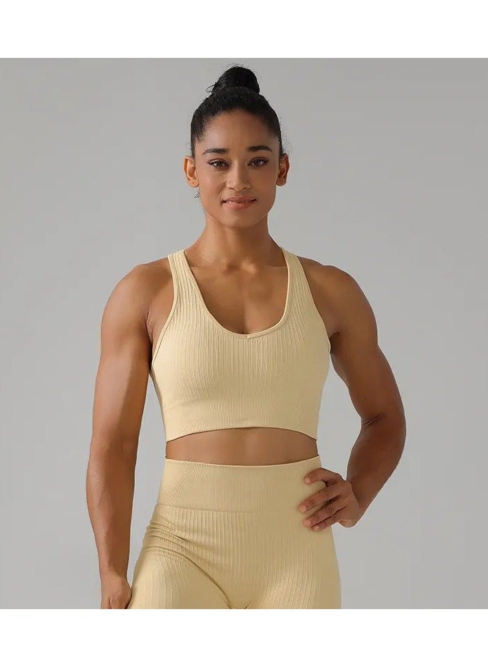 Caprisious Women's High Energy Workout Seamless V-Neck Crop Top Sports Bra Thick Wide Seamless Ribbed Comfortable, Breathable, Medium Thickness, 4-way Stretch Sports Bra in Beige - Image 3