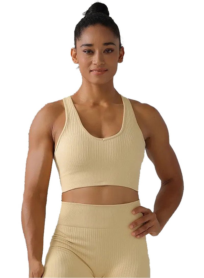 Caprisious Women's High Energy Workout Seamless V-Neck Crop Top Sports Bra Thick Wide Seamless Ribbed Comfortable, Breathable, Medium Thickness, 4-way Stretch Sports Bra in Beige - Image 2