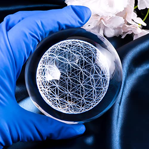 Qianwei Flower of Life Crystal Sphere with Led Colorful Lighting Touch Base, Sacred Geometry Crystal Ball Starlight Magic, Feng Shui Decor Laser Engraved Seek of Flower Inside A Sphere - Image 5