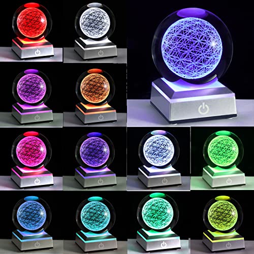 Qianwei Flower of Life Crystal Sphere with Led Colorful Lighting Touch Base, Sacred Geometry Crystal Ball Starlight Magic, Feng Shui Decor Laser Engraved Seek of Flower Inside A Sphere - Image 2