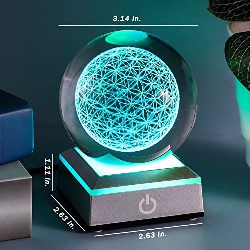 Qianwei Flower of Life Crystal Sphere with Led Colorful Lighting Touch Base, Sacred Geometry Crystal Ball Starlight Magic, Feng Shui Decor Laser Engraved Seek of Flower Inside A Sphere - Image 4