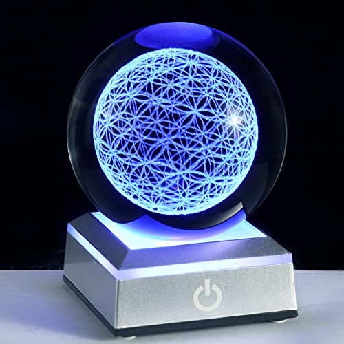 Qianwei Flower of Life Crystal Sphere with Led Colorful Lighting Touch Base, Sacred Geometry Crystal Ball Starlight Magic, Feng Shui Decor Laser Engraved Seek of Flower Inside A Sphere - Image 1