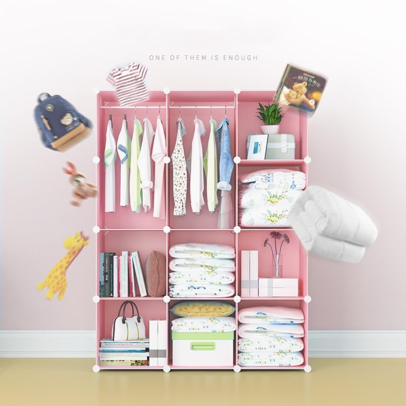 AYSIS Almirah for Clothes,Plastic Soft Sheet Collapsible Wardrobe for Clothes for Kids Clothes/Toy/Book, Baby Cupboard for Clothes Storage in Bedroom Nursery,Cartoon (Pink, 12-Shelf-12-Door) - Image 4