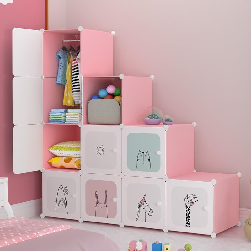 AYSIS Almirah for Clothes,Plastic Soft Sheet Collapsible Wardrobe for Clothes for Kids Clothes/Toy/Book, Baby Cupboard for Clothes Storage in Bedroom Nursery,Cartoon (Pink, 12-Shelf-12-Door) - Image 3