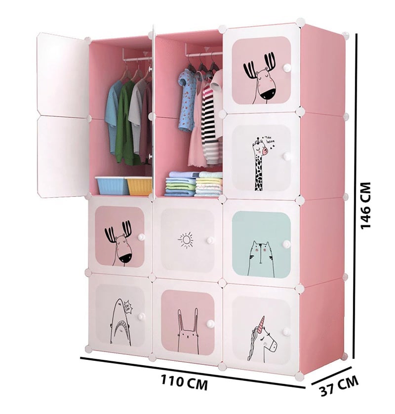 AYSIS Almirah for Clothes,Plastic Soft Sheet Collapsible Wardrobe for Clothes for Kids Clothes/Toy/Book, Baby Cupboard for Clothes Storage in Bedroom Nursery,Cartoon (Pink, 12-Shelf-12-Door) - Image 2