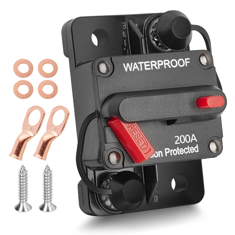 RED WOLF 200 Amp Circuit Breaker Fuse 20 AWG 38 Battery Ring Terminal Connector for Boat Trolling Motor Marine ATV Car Stereo Audio Battery Solar System with Manual Reset Switcher