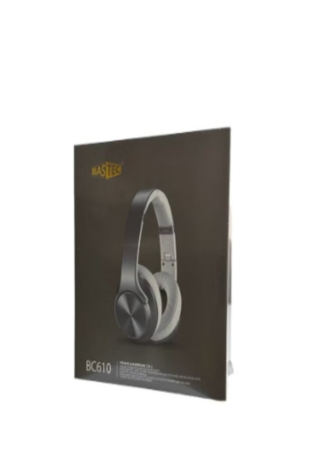 Wireless Bluetooth Headset with 2-in-1 Speaker Allows Taking Calls On The Go And Long Lasting Battery In An Elegant Design Over The Ear by Bastec Series 6 - Grey Color