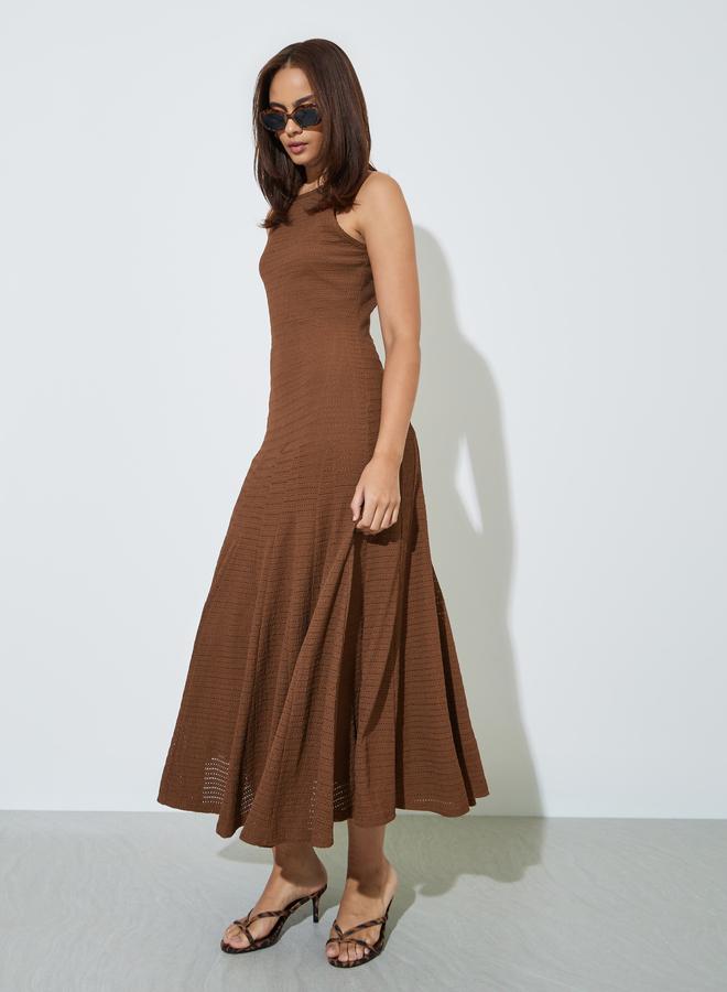 Styli Brown Textured Sleeveless A-Line Maxi Dress - Image 1