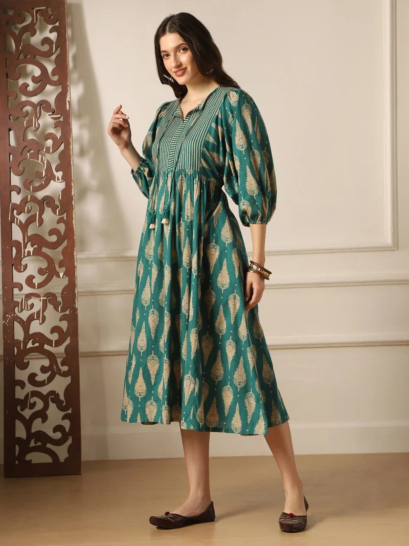 globus Globus Women Teal Ethnic Print Round Tie-Up Neck Bishop Sleeves Tiered Flit & Flared Midi Dress