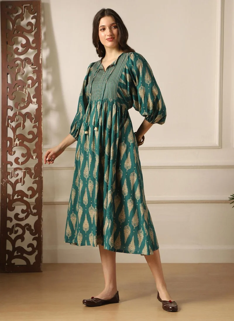 globus Globus Women Teal Ethnic Print Round Tie-Up Neck Bishop Sleeves Tiered Flit & Flared Midi Dress