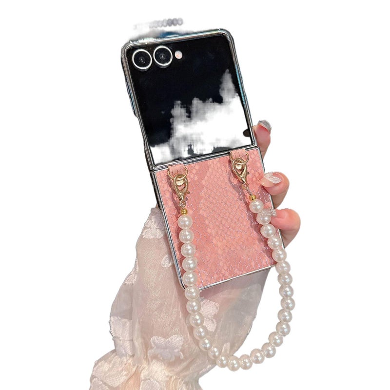 Drop Protection PC for Samsung Galaxy Z Flip 4 with Electroplated Snake Pattern and Pearl Chain in Pink for On The Go Carry - Image 1