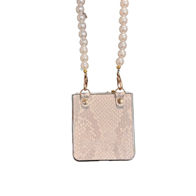 Drop Protection PC for Samsung Galaxy Z Flip 4 with Electroplated Snake Pattern and Pearl Chain in Pink for On The Go Carry - Image 5
